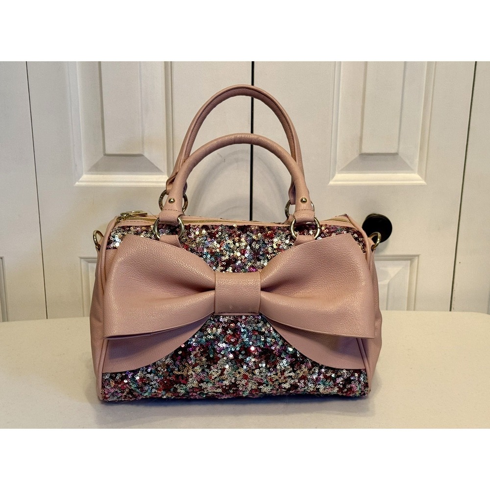 Betsey Johnson Fairy Bow Pink Satchel Handbag Sequins Sparkle Glam